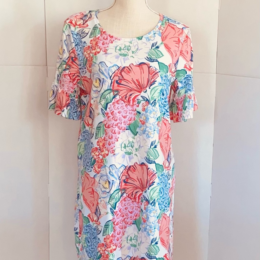 Kim Rogers Floral Dress - Bright Multicolor. Medium Ruffled Sleeve 100% Cotton